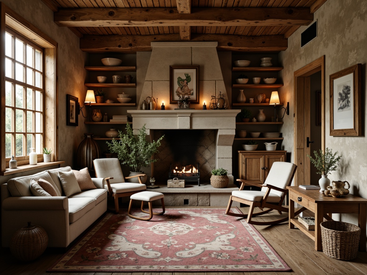 Prompt: Rustic farmhouse, vintage decor, distressed wood textures, natural linen upholstery, plush cushions, wooden rocking chairs, antique metal accents, earthy color palette, warm candle lighting, stone fireplace, woven wicker baskets, floral patterns, traditional craftsmanship, classic country charm, cozy atmosphere, soft morning light, 1/1 composition, intimate depth of field, realistic wood grain textures.