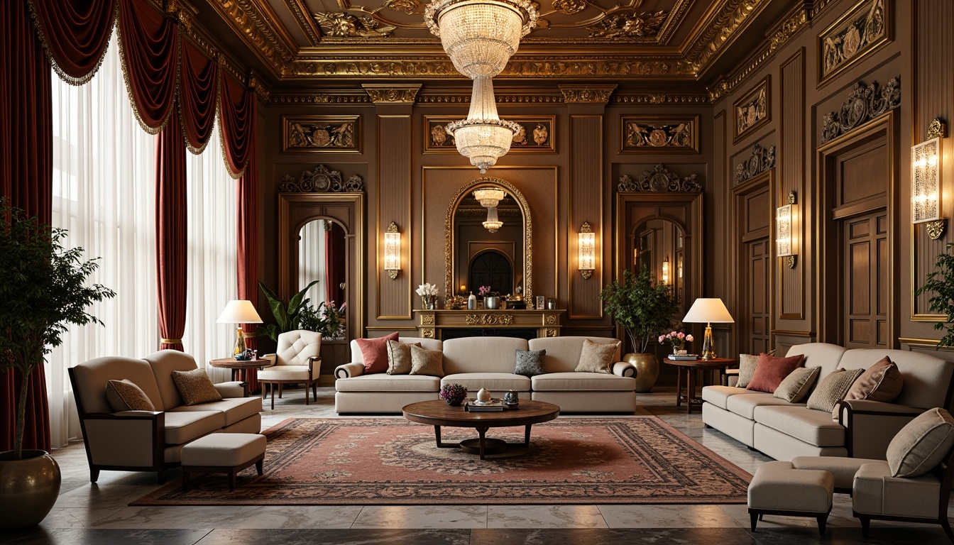 Prompt: Luxurious living room, ornate furnishings, neoclassical style, intricate carvings, gold leaf accents, marble floors, crystal chandeliers, velvet drapes, grandiose columns, high ceilings, symmetrical layout, 18th century European influence, rich textiles, tufted upholstery, carved wooden paneling, gilded frames, soft warm lighting, shallow depth of field, 1/2 composition, realistic textures, ambient occlusion.