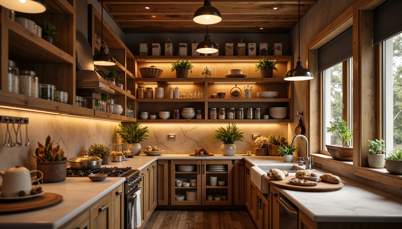 Prompt: Cozy pantry design, warm ambient lighting, soft overhead fixtures, pendant lights above countertops, under-cabinet LED strips, rustic metal shades, natural wood tones, earthy color palette, farmhouse style, open shelving units, woven baskets, ceramic jars, glass containers, marble countertops, polished chrome hardware, shallow depth of field, 1/1 composition, realistic textures, warm softbox lighting.