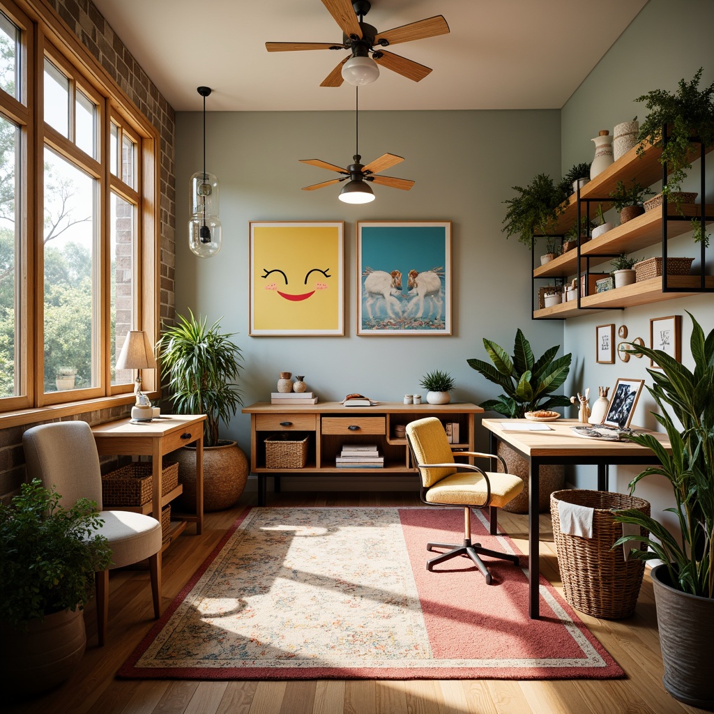 Prompt: Cozy craft room, warm wooden furniture, abundant natural light, inspirational artwork, creative storage solutions, organized workstations, vibrant color scheme, textured rugs, comfortable seating, ergonomic desks, adjustable lighting, metal shelves, wicker baskets, decorative vases, refreshing plants, soft pastel hues, calming atmosphere, 1/1 composition, soft focus, warm glow.