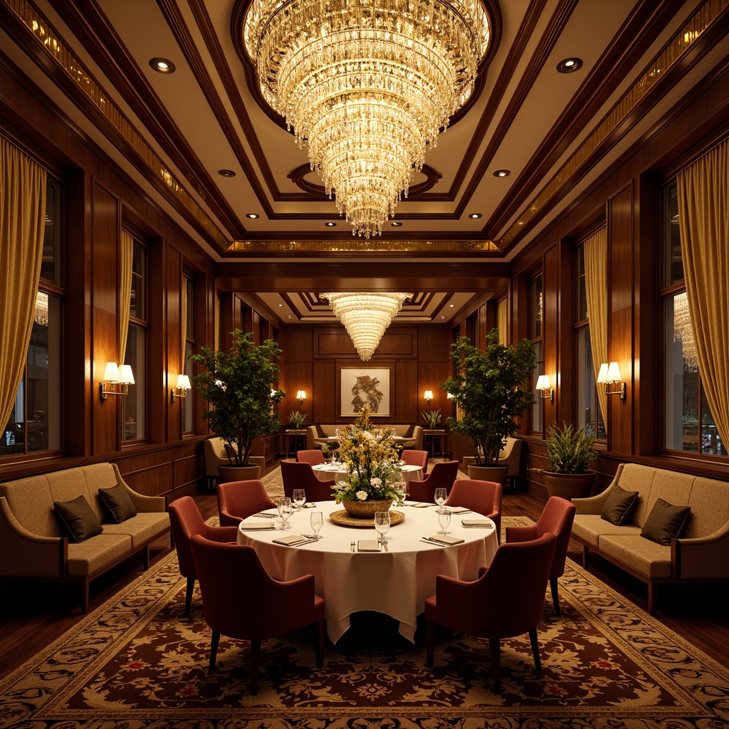 Prompt: Opulent Art Deco dining room, luxurious chandeliers, crystal droplets, metallic accents, geometric patterns, ornate mirrors, rich wood tones, velvet drapes, elegant furnishings, sophisticated lighting fixtures, sconce lamps, tiered ceiling details, intricate moldings, lavish centerpieces, dramatic shadowing, warm golden lighting, soft focus, 1/1 composition, symmetrical framing.