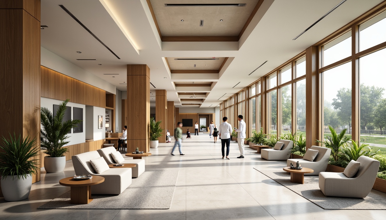 Prompt: Elegant healthcare center, neutral color palette, warm beige tones, natural wood accents, sleek metal frames, large windows, abundant natural light, calming water features, lush greenery, modern minimalist furniture, comfortable waiting areas, soothing artwork, subtle patterned carpets, acoustic ceiling tiles, efficient LED lighting, spacious corridors, private consultation rooms, advanced medical equipment, state-of-the-art technology integration.