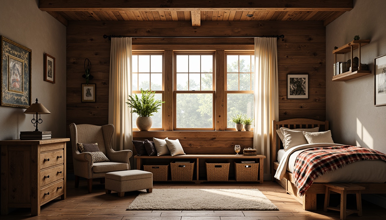 Prompt: Cozy dorm room, farmhouse style interior, vintage wooden furniture, distressed finishes, natural textiles, plaid blankets, woven baskets, earthy color palette, soft warm lighting, rustic metal accents, reclaimed wood walls, comfortable reading nook, plush area rugs, traditional window treatments, calming atmosphere, shallow depth of field, 1/1 composition, realistic textures, ambient occlusion.