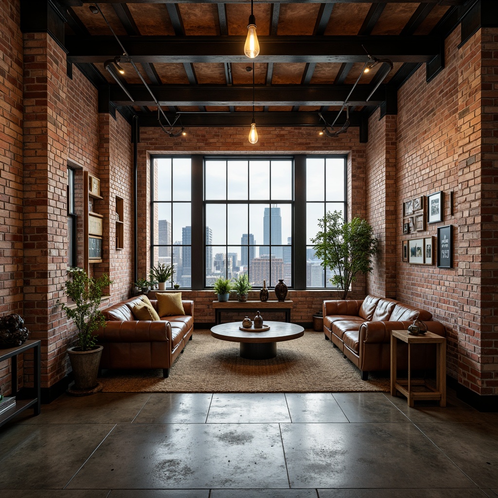 Prompt: Exposed brick walls, polished concrete floors, industrial metal beams, reclaimed wood accents, vintage factory windows, distressed leather furniture, Edison bulb lighting, urban cityscape views, cloudy gray skies, soft natural light, shallow depth of field, 1/1 composition, realistic textures, ambient occlusion, warm color palette, rustic metal decor, eclectic art pieces, modern minimalist chic.