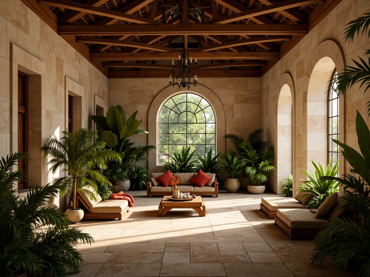 Prompt: Warm monastery interior, tropical plants, natural stone walls, wooden accents, vaulted ceilings, stained glass windows, soft warm lighting, gentle breeze, serene atmosphere, rustic wooden furniture, woven textiles, earthy tones, lush greenery, subtle shadows, high contrast ratio, 1/1 composition, realistic textures, ambient occlusion.