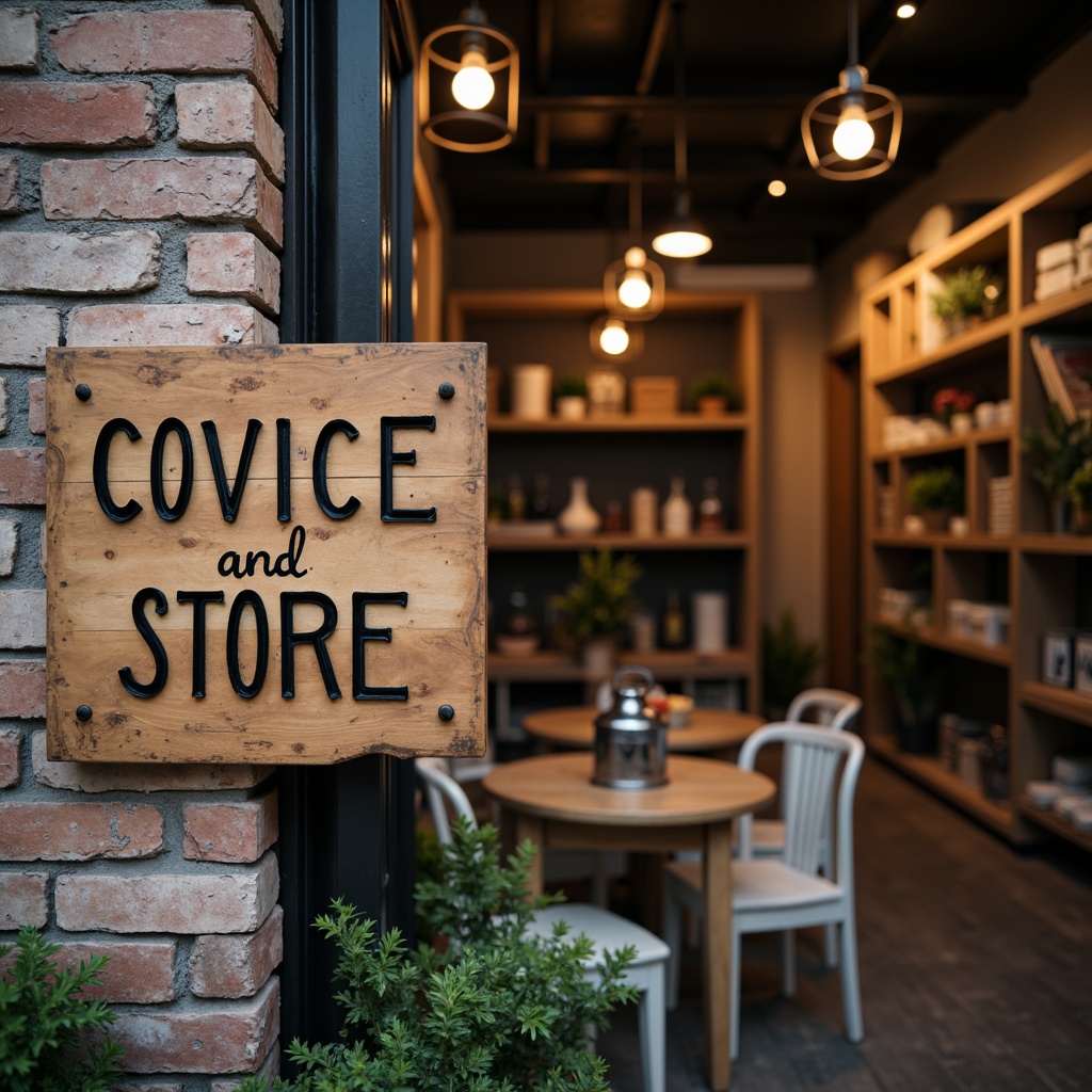 Prompt: Rustic store exterior, wooden signboard, vintage metal lanterns, pendant lamps, exposed brick walls, reclaimed wood accents, industrial-style lighting fixtures, metal shade pendants, Edison bulb fixtures, distressed finishes, warm ambient glow, cozy atmosphere, afternoon soft light, 1/2 composition, shallow depth of field, realistic textures, ambient occlusion.