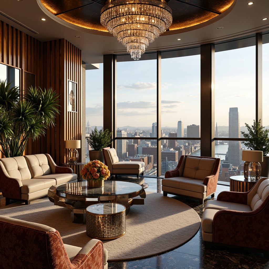 Prompt: Luxurious penthouse apartment, art deco inspired furniture, geometric patterns, metallic accents, velvet upholstery, marble floors, crystal chandeliers, floor-to-ceiling windows, cityscape views, sleek lines, ornate details, rich jewel tones, lavish textures, opulent atmosphere, warm golden lighting, 1/1 composition, realistic renderings, ambient occlusion.