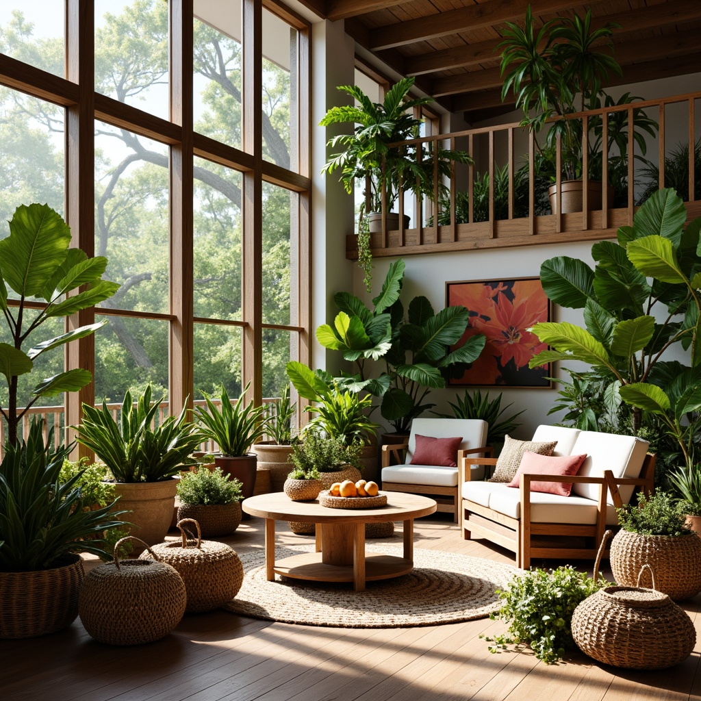 Prompt: Vibrant living room, lush greenery, potted plants, natural textures, earthy tones, wooden furniture, modern minimalist decor, floor-to-ceiling windows, abundant natural light, warm cozy atmosphere, comfortable seating areas, lush foliage, tropical patterns, botanical prints, wicker baskets, rattan furniture, organic shapes, soft warm lighting, shallow depth of field, 1/1 composition, realistic textures, ambient occlusion.