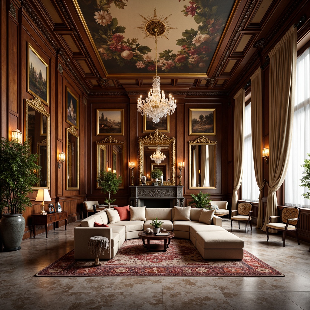 Prompt: Luxurious living room, intricately carved wooden panels, ornate mirrors, gilded frames, crystal chandeliers, velvet sofas, marble floors, richly patterned rugs, elegant curtains, stately columns, grand pianos, lavish frescoes, soft warm lighting, shallow depth of field, 2/3 composition, symmetrical arrangement, realistic textures, ambient occlusion.