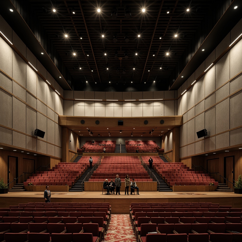 Prompt: Streamlined modern auditorium, sleek silver acoustic panels, minimalist geometric patterns, sound-absorbing materials, dark wood accents, polished chrome details, luxurious velvet seating, tiered audience layout, suspended ceiling speakers, subtle ambient lighting, warm golden spotlights, 3/4 composition, shallow depth of field, panoramic view, realistic textures, ambient occlusion.