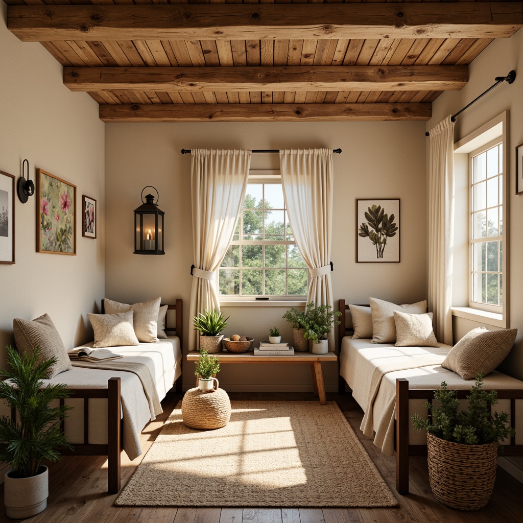 Prompt: Cozy dormitory, rustic farmhouse style, warm beige walls, reclaimed wood accents, vintage metal lanterns, soft creamy whites, earthy brown tones, natural woven textiles, plush area rugs, distressed wooden furniture, greenery filled planters, warm sunny lighting, shallow depth of field, 1/1 composition, realistic textures, ambient occlusion.Let me know if this meets your requirements!