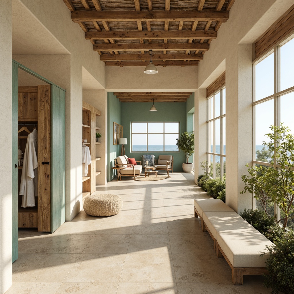 Prompt: Calming coastal campus interiors, soft sandy beige walls, weathered wood accents, driftwood furniture, natural fiber textiles, ocean-inspired blues and greens, calming aqua hues, creamy whites, warm sunny lighting, shallow depth of field, 1/2 composition, realistic textures, ambient occlusion, beachy vibes, nautical elements, distressed finishes, organic shapes, earthy tones, relaxed atmosphere.