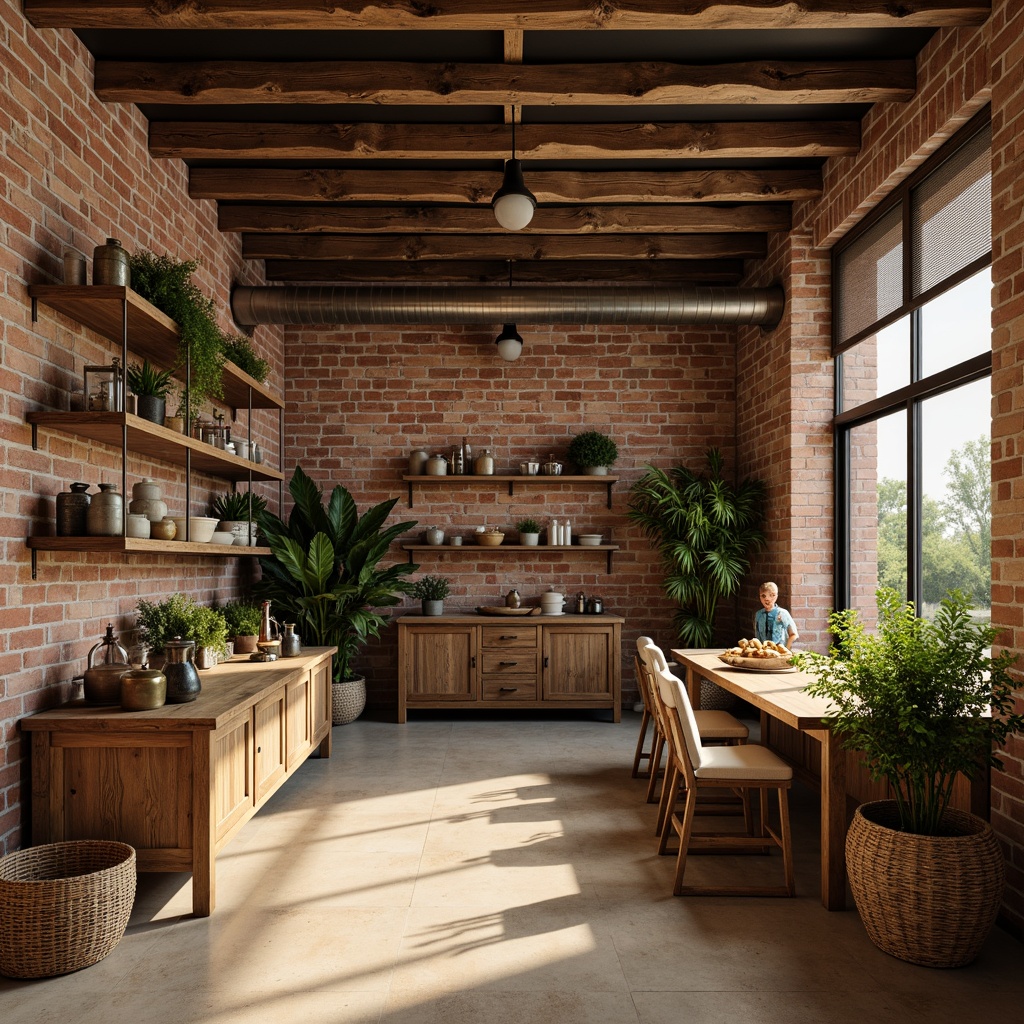 Prompt: Rustic wooden shelves, vintage metal lanterns, distressed brick walls, earthy tone color palette, warm beige flooring, natural stone countertops, reclaimed wood accents, industrial metal beams, exposed ductwork, eclectic decorative items, woven wicker baskets, lush greenery, soft warm lighting, shallow depth of field, 3/4 composition, realistic textures, ambient occlusion.