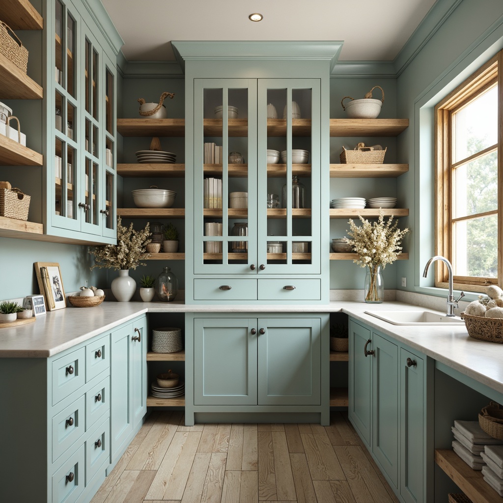 Prompt: Coastal pantry, beachy vibe, soft blue-green color palette, natural wood shelving units, glass-front cabinets, nautical-themed decor, woven sea grass baskets, ocean-inspired accessories, driftwood accents, rustic metal hardware, LED lighting strips, 3/4 composition, shallow depth of field, realistic textures, ambient occlusion.