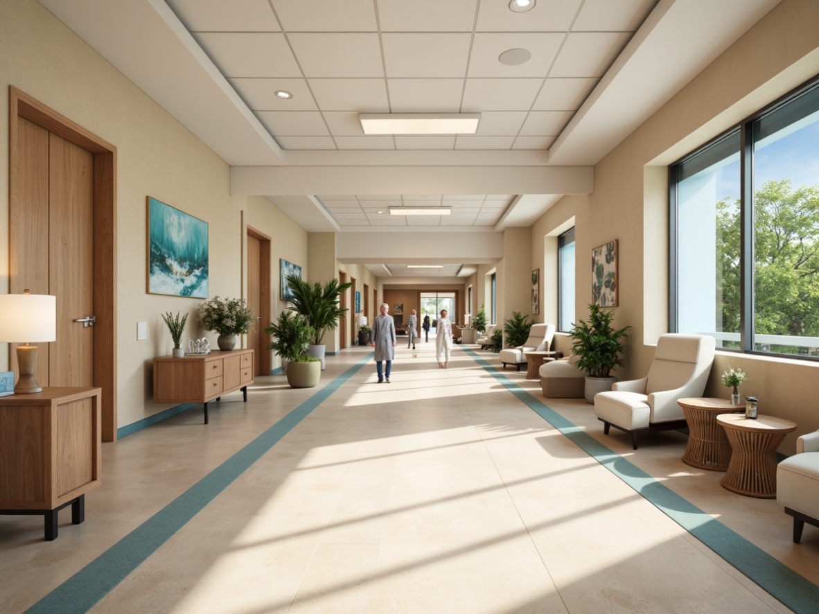 Prompt: Calming hospital corridors, soft beige walls, warm cream flooring, calming blue accents, natural wood tones, soothing greenery, vibrant artwork, comfortable seating areas, gentle lighting fixtures, minimalist decor, sterile surfaces, modern medical equipment, private patient rooms, large windows, natural daylight, subtle texture patterns, 1/1 composition, shallow depth of field, realistic renderings.