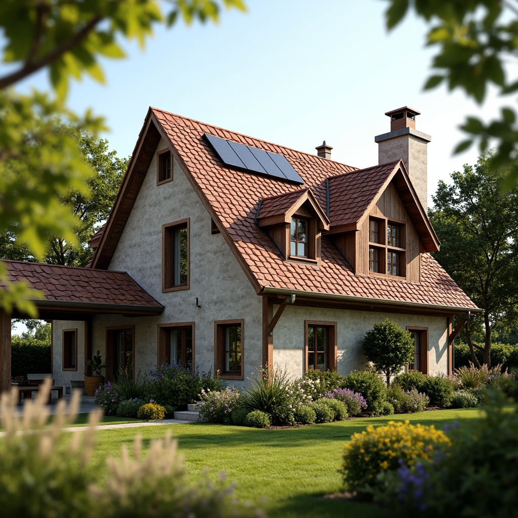 Prompt: Traditional European-style house, steeply pitched roof, terracotta tiles, ornate chimney pots, decorative gables, rustic wooden beams, natural stone walls, lush greenery, blooming flowers, sunny day, soft warm lighting, shallow depth of field, 3/4 composition, panoramic view, realistic textures, ambient occlusion, innovative solar panels, sleek metal roofing, water-repellent coatings, durable asphalt shingles, eco-friendly materials, rustic charm, nostalgic aesthetic.