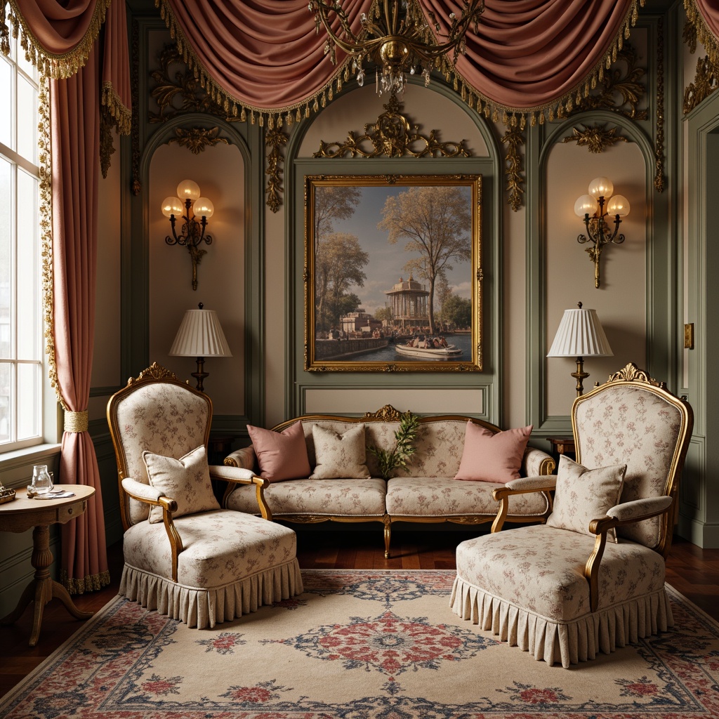 Prompt: Luxurious velvet fabrics, intricate golden embroidery, ornate silk brocades, delicate lace trimmings, soft pastel hues, lavish drapery, opulent tassels, antique furniture pieces, curved lines, whimsical floral patterns, subtle sheen, rich textures, warm candlelight, intimate ambiance, French Renaissance inspirations, aristocratic flair, refined elegance.