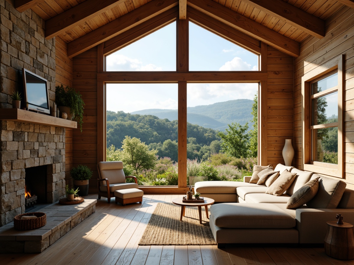 Prompt: Rustic cabin, wooden accents, earthy tones, natural stone walls, reclaimed wood floors, cozy fireplace, plush furnishings, expansive windows, panoramic views, rolling hills, lush greenery, wildflowers, sunny day, warm soft lighting, shallow depth of field, 3/4 composition, realistic textures, ambient occlusion.