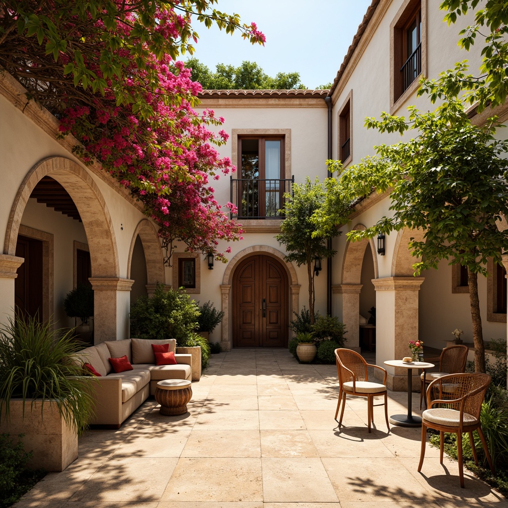 Prompt: Warm sandy courtyard, lush greenery, vibrant bougainvillea, rustic stone walls, arched colonnades, ornate ironwork gates, wooden shutters, terracotta roof tiles, curved staircases, intricate mosaic patterns, earthy color palette, natural stone flooring, cozy outdoor seating areas, soft warm lighting, shallow depth of field, 3/4 composition, panoramic view, realistic textures, ambient occlusion.