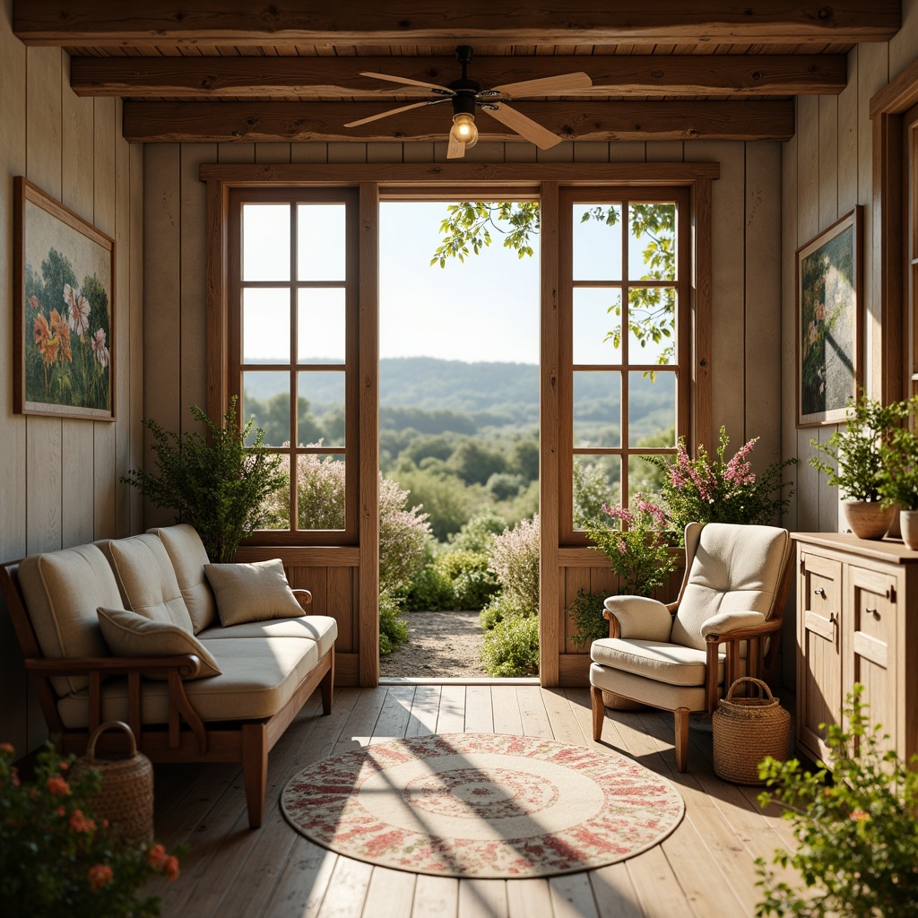 Prompt: Rustic farmhouse, soft warm lighting, distressed wood accents, vintage furniture, floral patterns, pastel colors, natural fabrics, linen textiles, cotton lace, embroidered details, subtle sheen, relaxed elegance, countryside views, rolling hills, blooming wildflowers, sunny afternoon, gentle breeze, soft focus, 1/1 composition, intimate atmosphere, warm color palette.