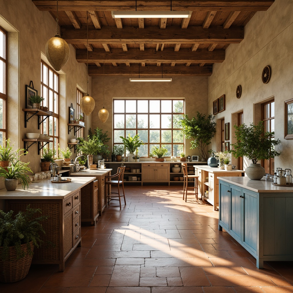 Prompt: Warm beige laboratory walls, soft blue-gray countertops, earthy terracotta flooring, natural stone accents, rustic wooden cabinets, woven wicker furniture, vintage metal equipment, distressed finishes, creamy white marble tables, ornate ceramic tiles, lush greenery, potted plants, warm golden lighting, shallow depth of field, 3/4 composition, realistic textures, ambient occlusion.