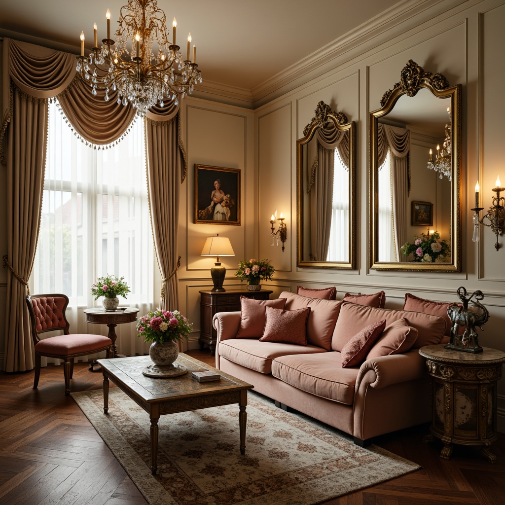 Prompt: Elegant living room, plush velvet sofa, ornate gold frame mirrors, lavish crystal chandeliers, rich wood flooring, soft cream-colored walls, luxurious silk curtains, delicate porcelain vases, intricately carved wooden furniture, vintage bronze decor, warm ambient lighting, shallow depth of field, 3/4 composition, realistic textures, subtle shadowing.