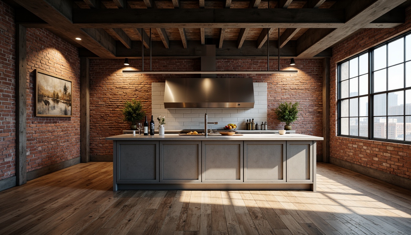 Prompt: Exposed brick walls, reclaimed wooden floors, metal beams, industrial-style lighting fixtures, urban loft atmosphere, distressed textures, concrete countertops, steel appliances, minimalist color palette, neutral tone background, warm ambient lighting, shallow depth of field, 1/2 composition, cinematic view, realistic materials, atmospheric effects.