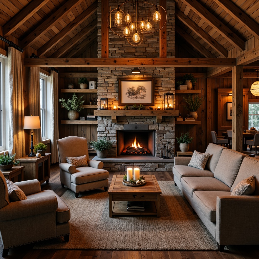 Prompt: Rustic cabin, wooden beams, natural stone walls, earthy tones, warm candlelight, soft lanterns, pendant lamps, metal fixtures, Edison bulbs, vintage chandeliers, distressed wood accents, cozy fireplaces, crackling flames, dimmable lighting, ambient glow, warm color temperatures, rustic metal shades, burlap textures, reclaimed wood furniture, natural fiber rugs, earthy scents, organic ambiance.