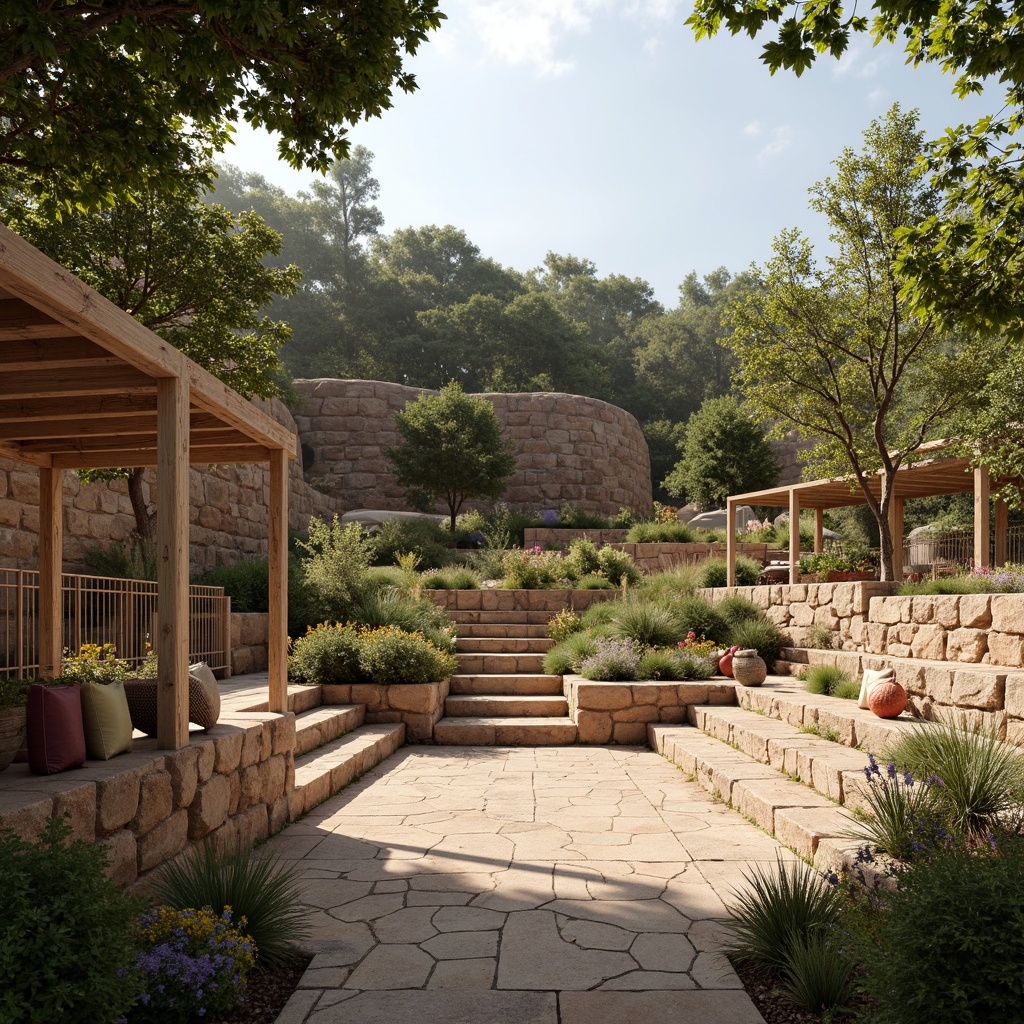 Prompt: Earthy amphitheater, natural stone seating, wooden accents, rustic metal railings, lush greenery, vibrant wildflowers, warm sunny day, soft diffused lighting, shallow depth of field, 3/4 composition, panoramic view, realistic textures, ambient occlusion, earthy color palette, sienna red tones, olive green hues, sandy beige shades, weathered wood textures, distressed metal finishes, organic patterns, natural fabrics, woven baskets.