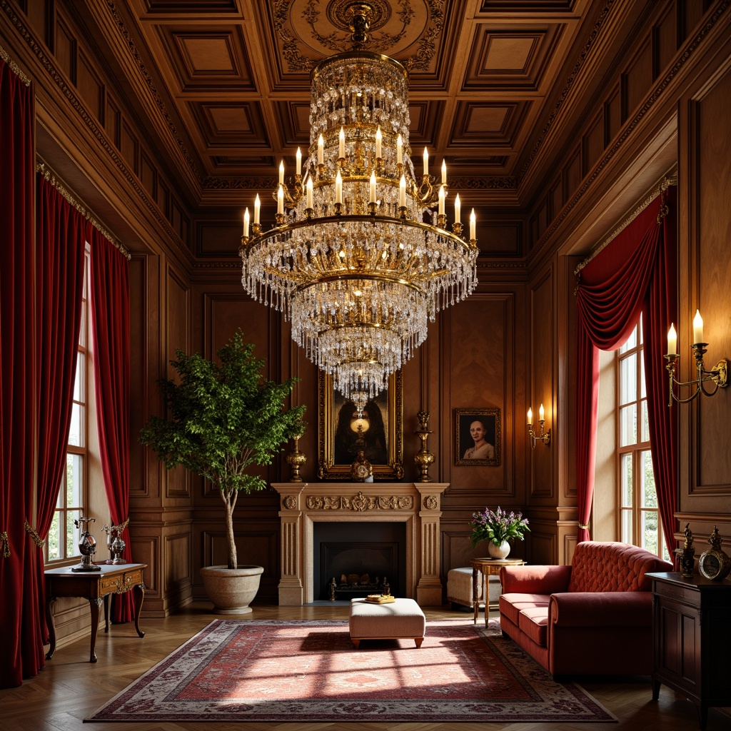 Prompt: Ornate chandeliers, crystal droplets, brass fixtures, velvet drapes, rich wood paneling, intricate carvings, luxurious fabrics, statement pieces, grand staircases, opulent furnishings, warm golden lighting, soft candlelight, dramatic shadows, 3/4 composition, shallow depth of field, realistic textures, ambient occlusion.