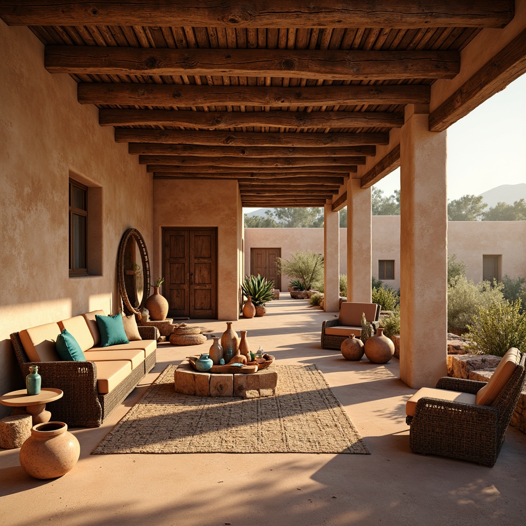 Prompt: Earth-toned adobe buildings, rough-hewn wooden accents, rusty metal decorations, terracotta pottery, vibrant turquoise ceramics, woven wicker furniture, distressed leather upholstery, natural fiber textiles, sandy beige stucco walls, reclaimed wood ceilings, earthy red rock formations, arid desert landscapes, warm golden lighting, low-angle sunlight, atmospheric haze, 1/2 composition, shallow depth of field, realistic weathered textures.