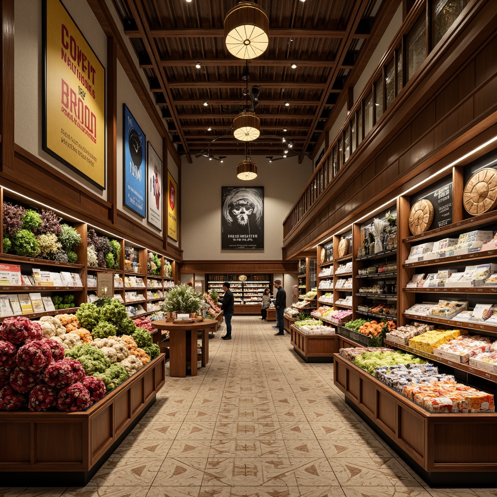 Prompt: Luxurious grocery store interior, Art Deco-inspired architecture, ornate metallic accents, geometric patterned floor tiles, lavish chandeliers, elegant wall art, vintage posters, bold typography, rich wood shelving, decorative glass displays, sophisticated product arrangements, soft warm lighting, shallow depth of field, 3/4 composition, realistic textures, ambient occlusion.