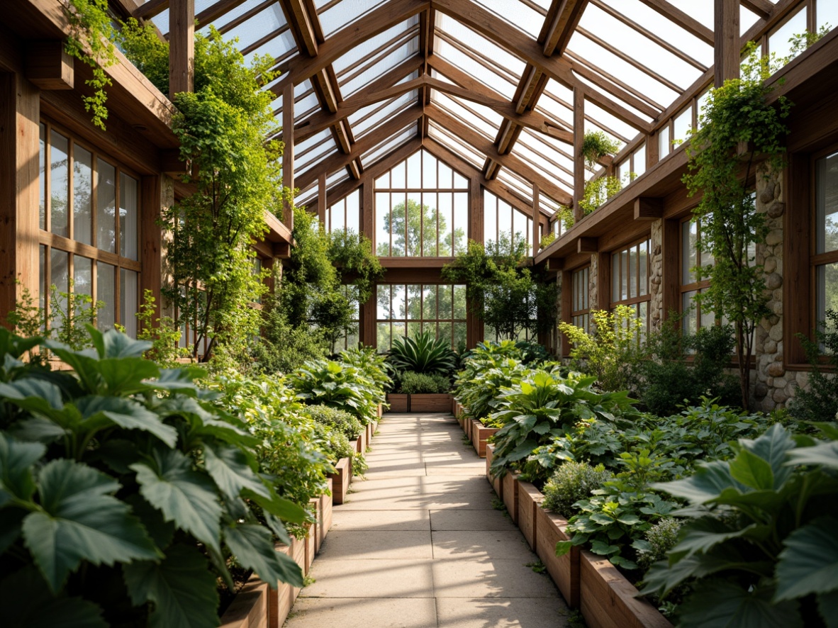 Prompt: Rustic wooden greenhouse, abundant foliage, lush greenery, natural stone walls, earthy tones, reclaimed wood accents, clerestory windows, skylights, sliding glass doors, vines crawling up walls, warm sunny day, soft diffused lighting, shallow depth of field, 1/1 composition, symmetrical framing, realistic plant textures, ambient occlusion.