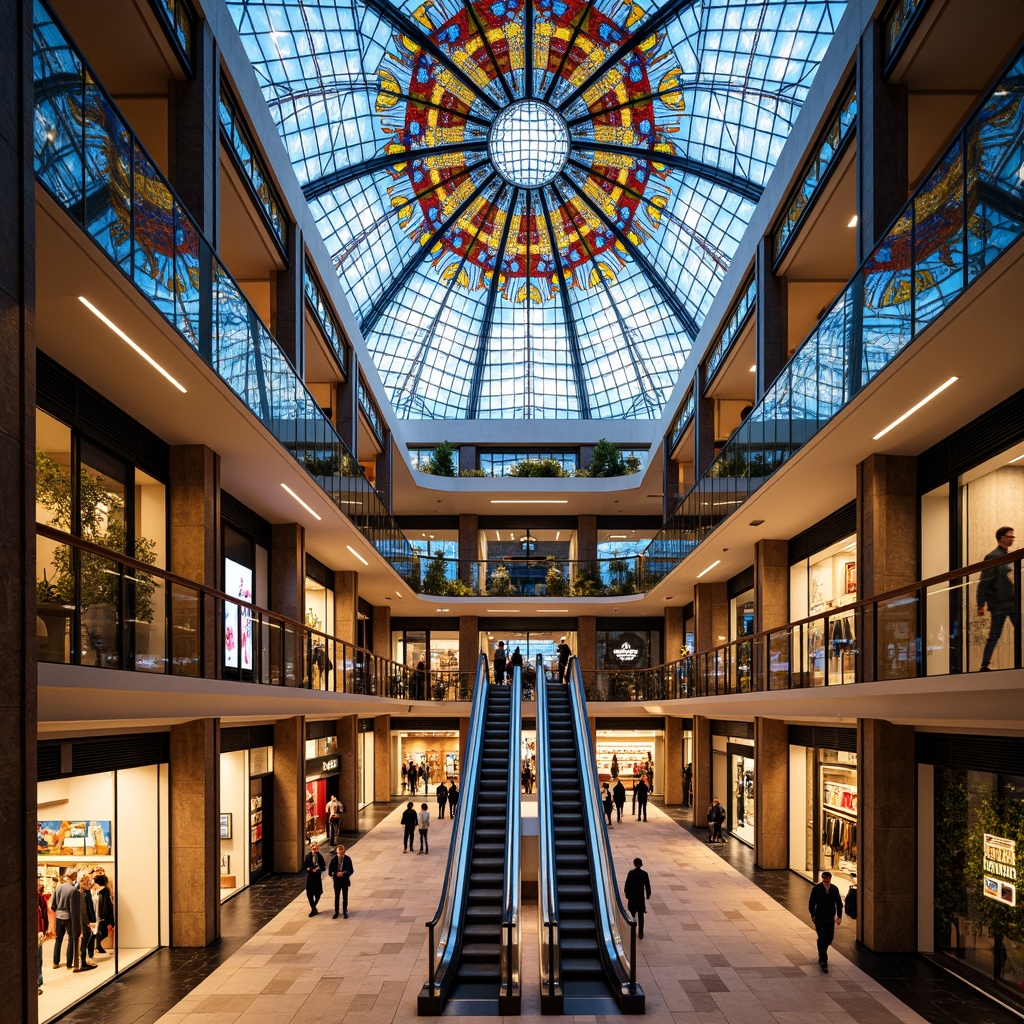 Prompt: Vibrant shopping center, modern architecture, stained glass ceilings, kaleidoscope patterns, colorful reflections, natural light filtering, intricate designs, ornate details, luxurious ambiance, upscale retail spaces, marble floors, sleek escalators, grand atriums, dramatic verticality, warm ambient lighting, soft focus, 1/1 composition, realistic textures, atmospheric rendering.