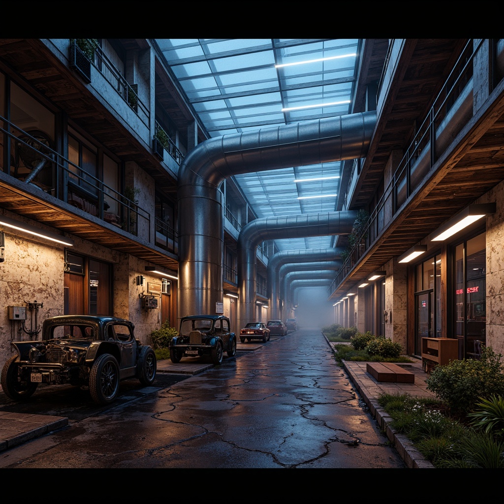 Prompt: Rustic industrial landscape, abandoned factory buildings, distressed brick walls, worn metal pipes, vintage machinery parts, reclaimed wood accents, exposed ductwork, sleek modern architecture, neon-lit nighttime scenes, misty atmospheric effects, high-contrast lighting, 1/2 composition, dramatic shadows, metallic textures, realistic reflections, cyberpunk-inspired color palette.