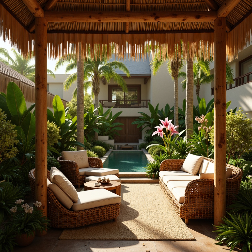 Prompt: Warm tropical ambiance, soft golden lighting, lush greenery, exotic flowers, natural textiles, woven rattan furniture, driftwood accents, ocean-inspired color palette, turquoise hues, coral patterns, shell decorations, warm beige stonework, bamboo walls, thatched roof, soft focus, shallow depth of field, 1/2 composition, cozy intimate spaces, ambient occlusion, realistic shadows.