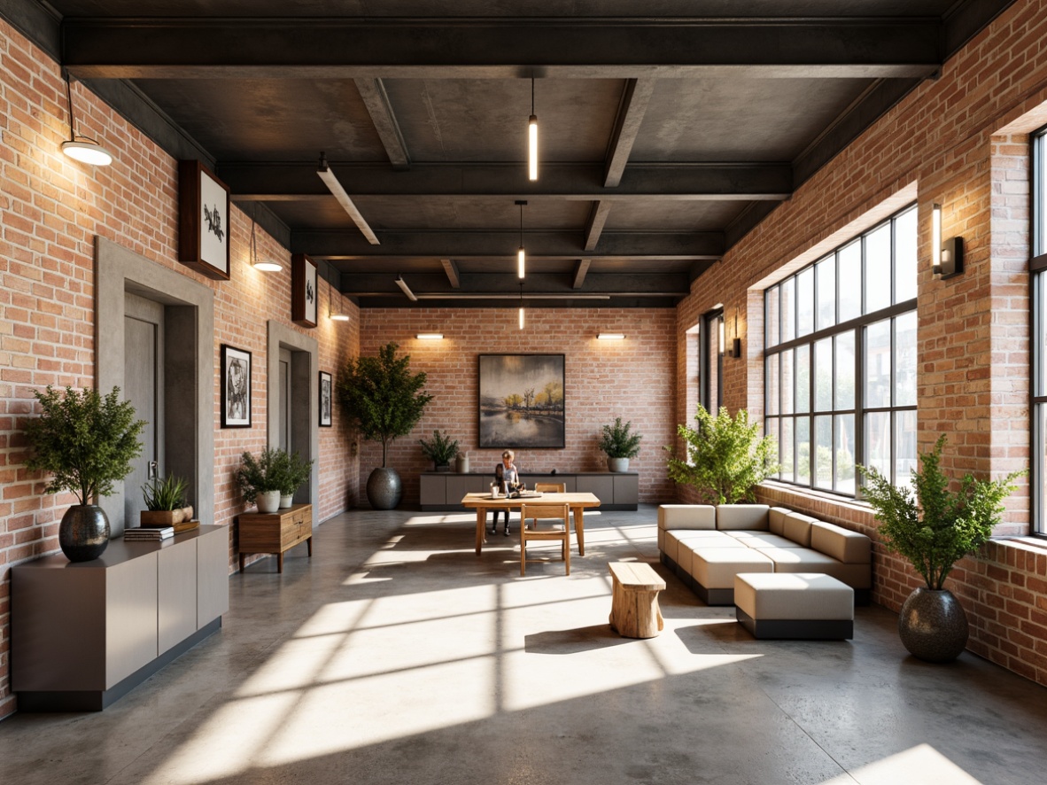 Prompt: Exposed brick walls, metal beams, polished concrete floors, industrial lighting fixtures, minimal decorations, neutral color palette, beige tones, gray accents, natural textures, reclaimed wood, metallic surfaces, functional furniture, open layout, high ceilings, abundance of natural light, soft warm lighting, shallow depth of field, 3/4 composition, realistic render, ambient occlusion.