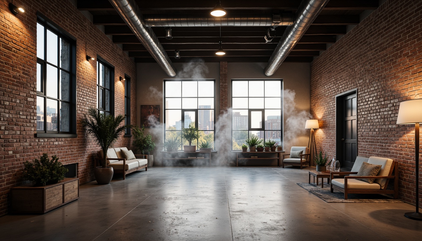 Prompt: Exposed brick walls, industrial metal beams, reclaimed wood accents, vintage factory windows, distressed concrete floors, modern minimalist lighting, urban cityscape views, converted warehouse atmosphere, eclectic decorative art pieces, metallic color palette, functional pipes and ducts, edgy brutalist architecture, dramatic high ceilings, open floor plan layout, natural raw materials, atmospheric fog effects, low-key warm lighting, 3/4 composition, cinematic camera angles.