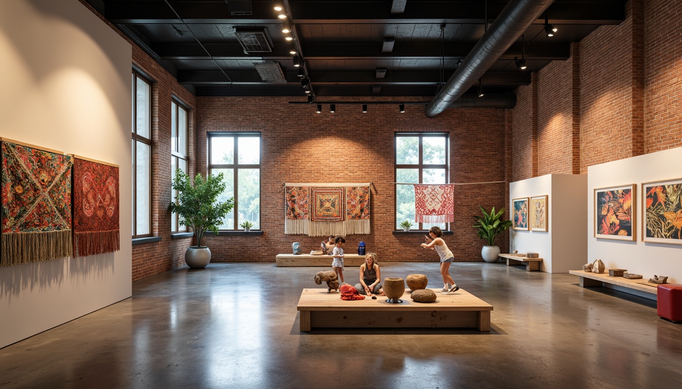 Prompt: Vibrant art center, exposed brick walls, polished concrete floors, minimalist decor, floor-to-ceiling windows, natural light pouring in, flexible exhibition spaces, interactive installations, dynamic textile displays, woven fabric artworks, colorful tapestries, abstract patterns, geometric shapes, innovative materials, sustainable design, eco-friendly atmosphere, soft warm lighting, shallow depth of field, 1/1 composition, realistic textures, ambient occlusion.