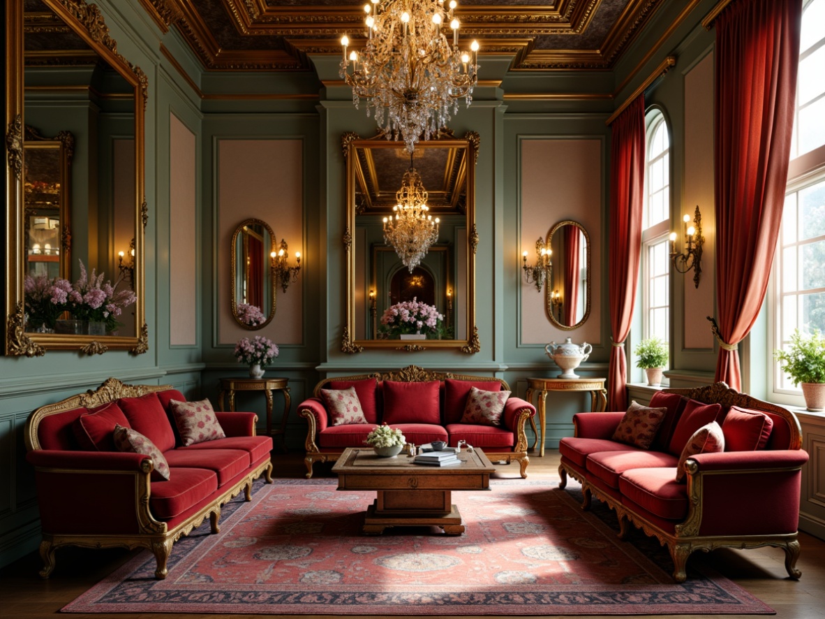 Prompt: Ornate Rococo-style living room, luxurious velvet sofas, intricately carved wooden armchairs, gilded golden frames, crystal chandeliers, ornamental mirrors, delicate porcelain vases, lavish silk drapes, soft warm lighting, shallow depth of field, 3/4 composition, realistic textures, ambient occlusion.