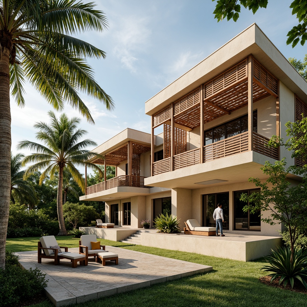 Prompt: Tropical modern house, large overhanging eaves, natural ventilation systems, wooden lattice screens, cross-ventilation designs, clerestory windows, high ceilings, light-filled interiors, warm beige walls, polished concrete floors, lush greenery surroundings, palm trees, sunny tropical climate, soft diffused lighting, 1/1 composition, shallow depth of field, realistic textures, ambient occlusion.