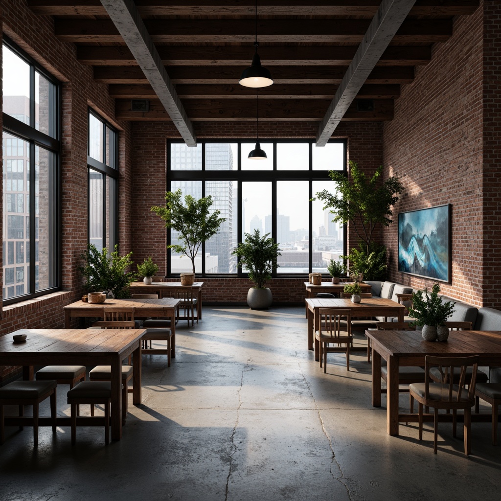 Prompt: Exposed brick walls, metal beams, reclaimed wood accents, industrial-style lighting fixtures, distressed concrete floors, urban cityscape views, modern minimalist decor, functional modular furniture, sleek metallic surfaces, edgy architectural lines, moody atmospheric lighting, shallow depth of field, 1/1 composition, realistic textures, ambient occlusion.