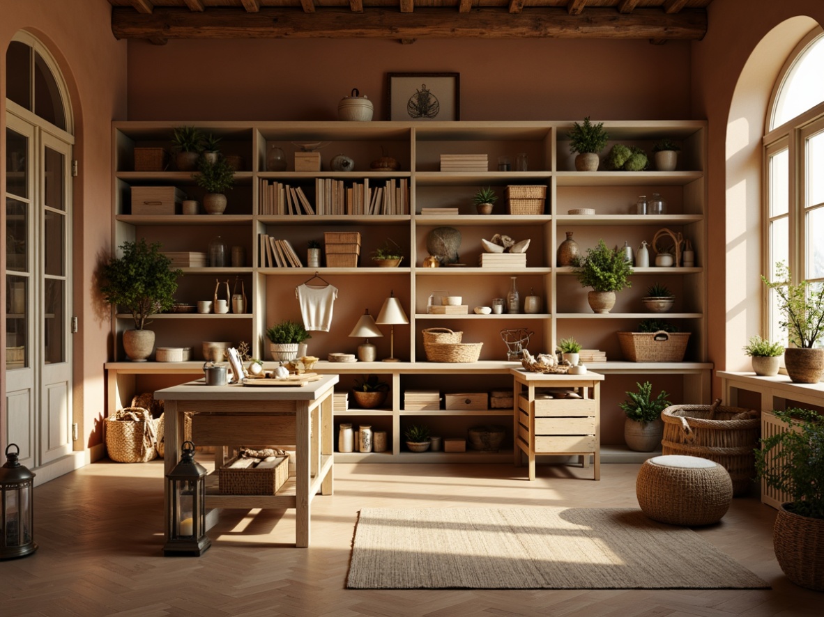 Prompt: Cozy craft room, warm coffee tones, earthy brown walls, creamy beige shelves, wooden worktables, vintage metal lanterns, rustic wooden crates, woven baskets, natural linen fabrics, soft golden lighting, 1/1 composition, intimate atmosphere, realistic textures, ambient occlusion.