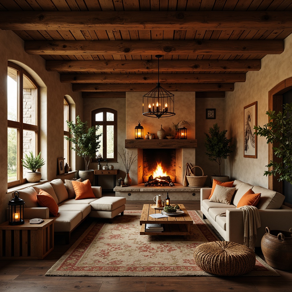 Prompt: Rustic wooden beams, warm candlelight, soft lanterns, cozy fireplaces, vintage metal chandeliers, earthy terracotta pots, natural stone walls, distressed wood furniture, woven wicker baskets, plush throw blankets, ambient warm glow, softbox lighting, 1/2 composition, rustic metal accents, vintage wooden crates, natural fiber rugs, warm beige tones, autumnal color palette, inviting atmosphere, intimate setting.