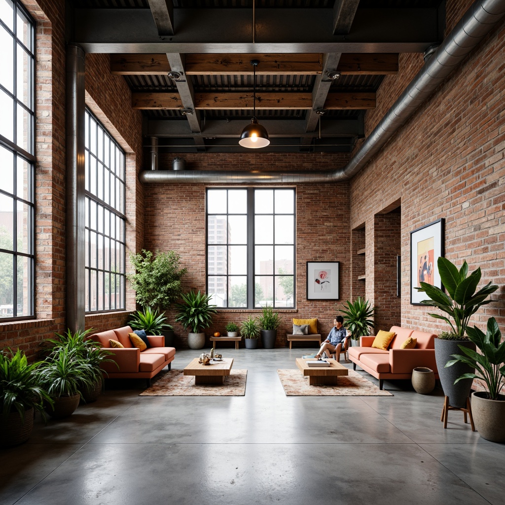 Prompt: Industrial chic open space, exposed brick walls, polished concrete floors, minimalist modern furniture, sleek metal beams, reclaimed wood accents, large industrial windows, abundant natural light, urban loft atmosphere, cozy reading nooks, comfortable sofas, vibrant greenery, potted plants, abstract artwork, geometric patterns, warm ambient lighting, shallow depth of field, 1/2 composition, realistic textures, soft focus effect.