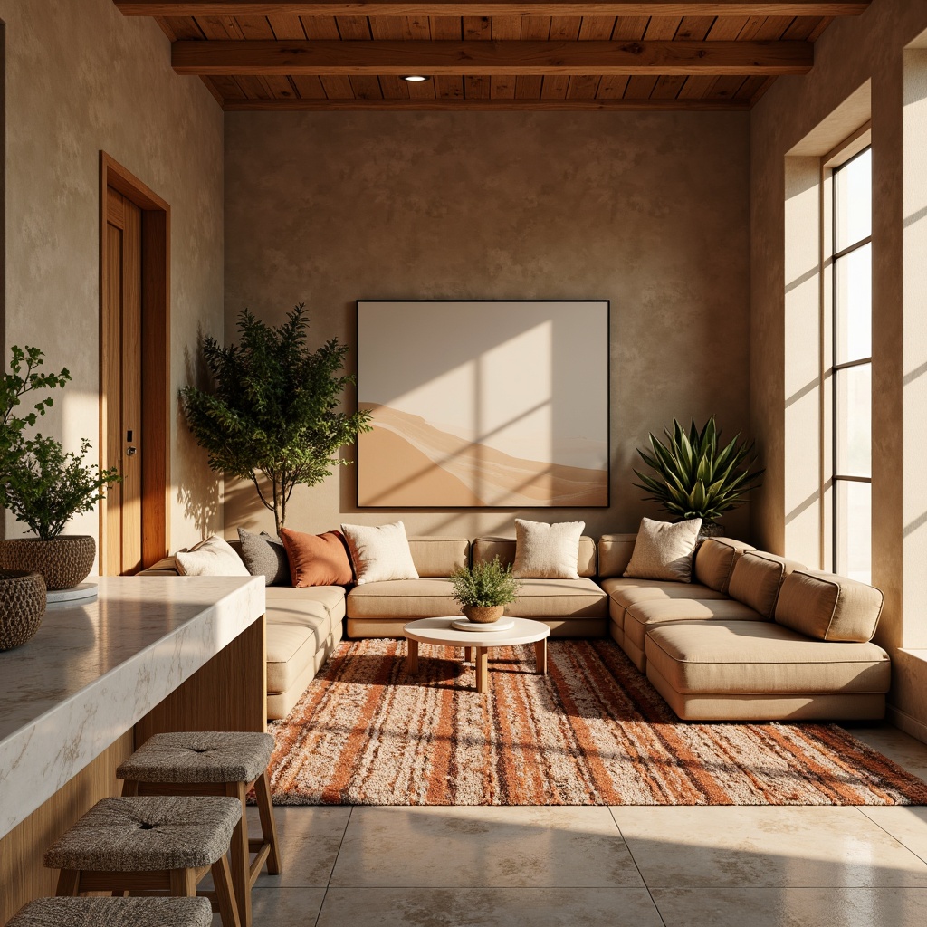 Prompt: Richly textured rugs, plush velvet sofas, warm beige walls, soft golden lighting, earthy terracotta accents, natural wood furniture, creamy white marble countertops, calming sage greenery, subtle linen patterns, cozy throw blankets, inviting ambiance, shallow depth of field, 1/1 composition, realistic textures, ambient occlusion.