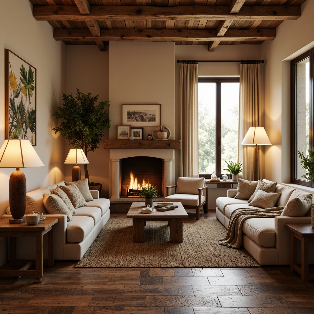 Prompt: Cozy living room, plush sofas, soft cushions, warm throw blankets, natural fiber fabrics, woven patterns, earthy tones, beige walls, wooden flooring, ambient lighting, floor lamps, comfortable seating, ergonomic design, calming atmosphere, gentle color palette, textured rugs, Moroccan-inspired tiles, velvety smooth finishes, metallic accents, luxurious feel, inviting space.