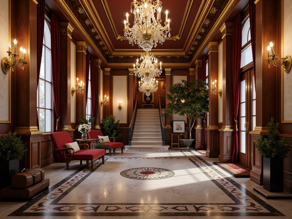 Prompt: Intricate moldings, ornate details, luxurious materials, marble floors, crystal chandeliers, velvet drapes, gilded frames, Baroque-inspired carvings, rich wood tones, stately columns, grand staircases, opulent furnishings, lavish textiles, soft warm lighting, shallow depth of field, 3/4 composition, realistic textures, ambient occlusion.