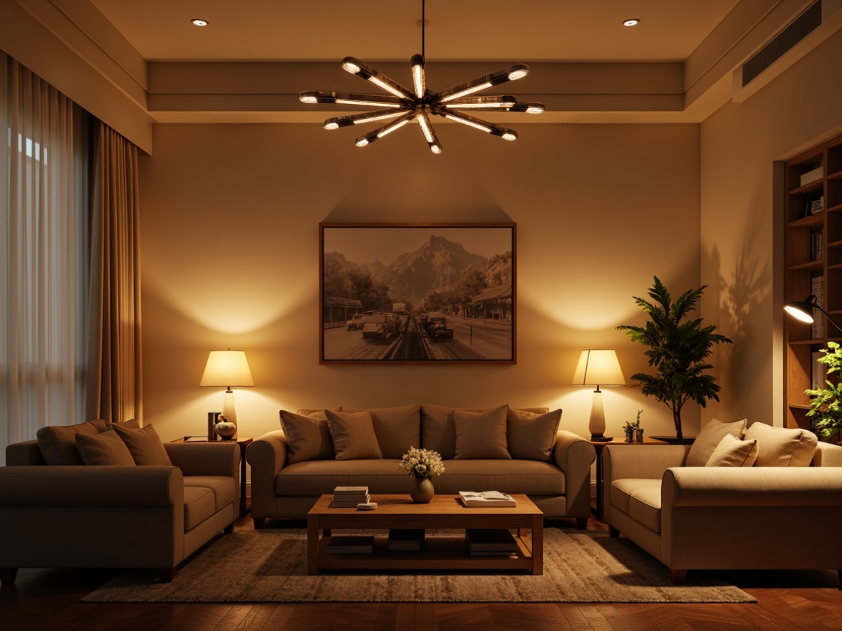 Prompt: Cozy living room, warm beige walls, comfortable sofas, wooden coffee tables, table lamps, floor lamps, soft warm lighting, gentle glow, warm white bulbs, metallic fixtures, minimalist design, modern chandeliers, crystal drops, LED strips, ambient illumination, task lighting, accent lighting, layered lighting effects, shallow depth of field, 1/1 composition, realistic textures, subtle shadows.