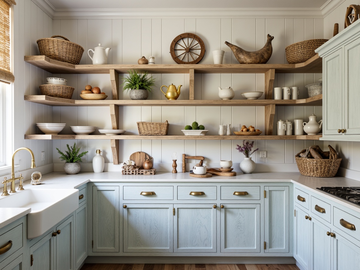 Prompt: Coastal pantry, driftwood cabinetry, distressed white finish, rustic metal hardware, nautical-themed knobs, ocean-inspired color palette, soft blue tones, crisp white shiplap, natural textures, woven sea grass baskets, vintage marine instruments, open shelving, decorative corbels, beachy vibe, warm golden lighting, 1/1 composition, realistic wood grain, ambient occlusion.